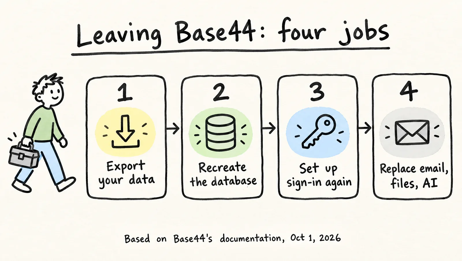 Hand-drawn four-step diagram of leaving Base44: export your data, recreate the database, set up sign-in again, and replace email, file and AI services