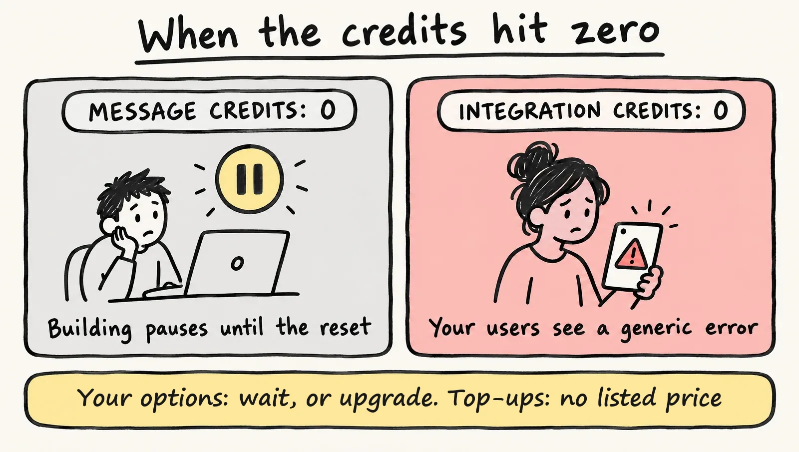 Hand-drawn two-panel sketch of what happens when Base44 credits hit zero: on the builder’s side building pauses until the reset, on the user’s side visitors see a generic error, and a banner lists the options as waiting or upgrading, with no listed price for top-ups
