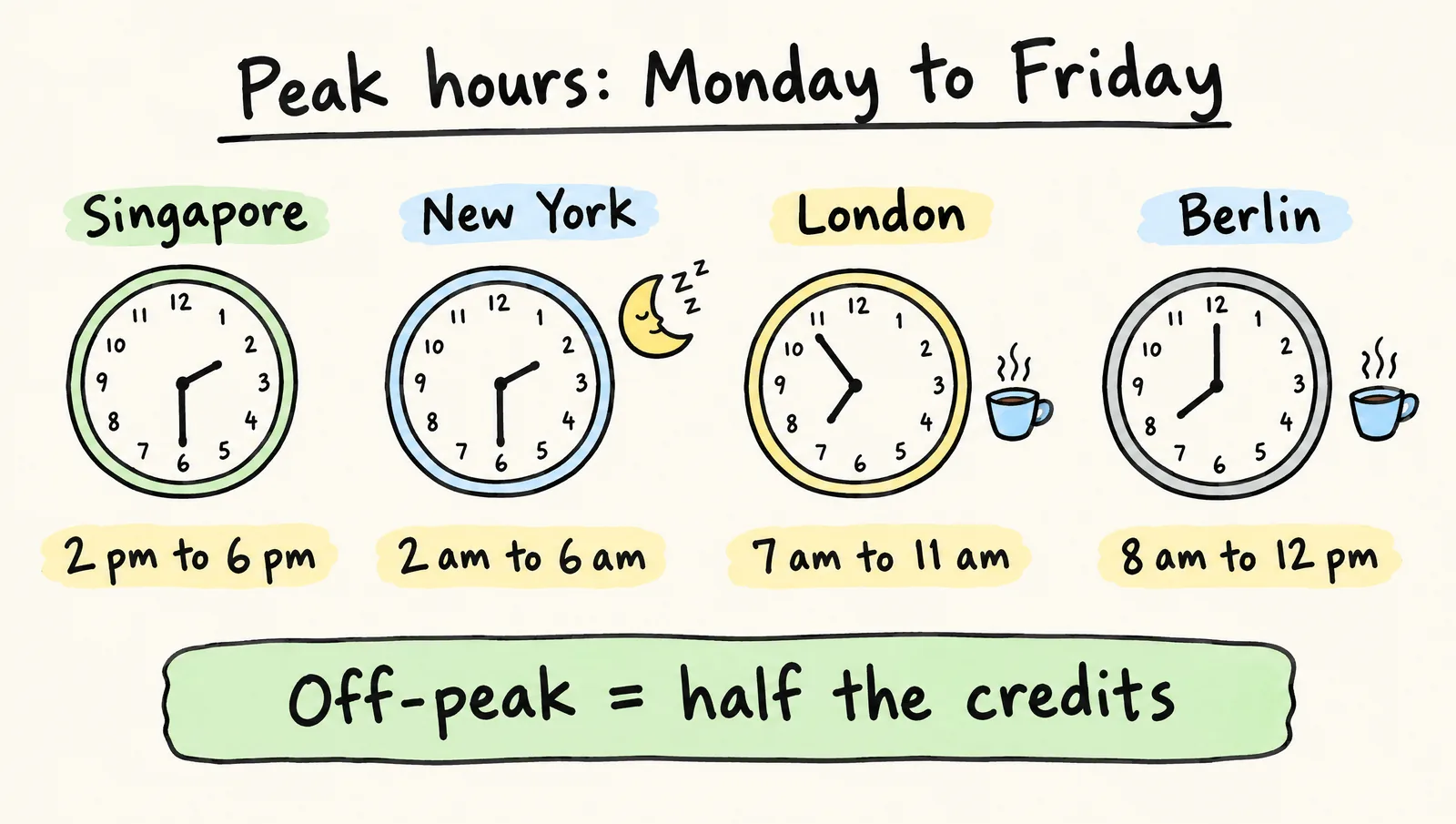 Hand-drawn clock diagram of GLM Coding Plan peak hours, Monday to Friday 14:00 to 18:00 Singapore time, shown as 2 to 6 am in New York, 7 to 11 am in London and 8 am to noon in Berlin, with off-peak usage costing half the credits